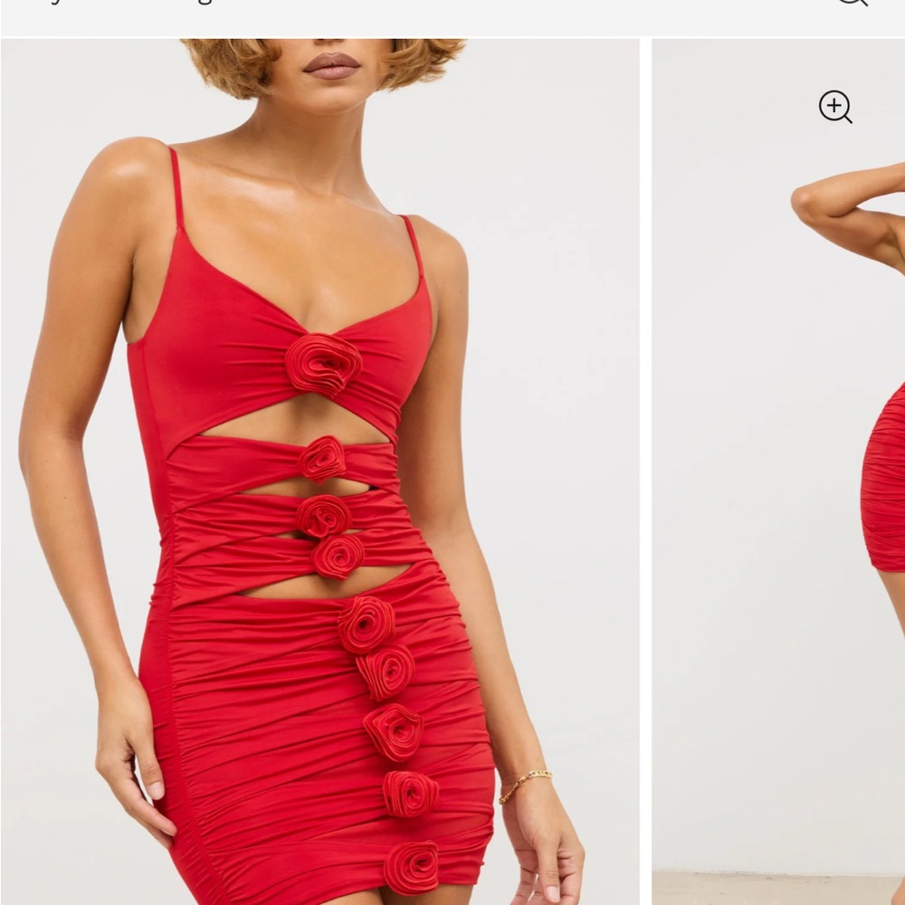 Chic Red Ruched Dress with Floral Accents